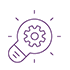 Magenta illustration outline of a lightbulb tilted to the left, with a 工程 cog at the centre